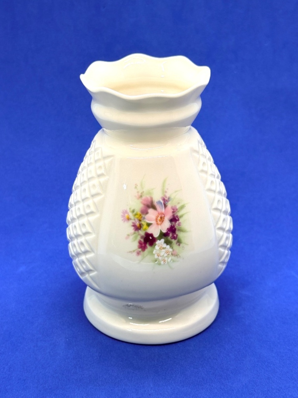 Irish Donegal Parian China 4.75" Vase Floral Motif with Basketweave sides